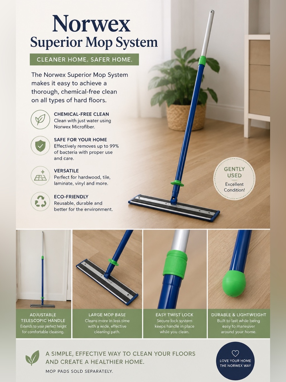 Norwex Superior Mop System Telescopic Handle Floor Cleaning Mop